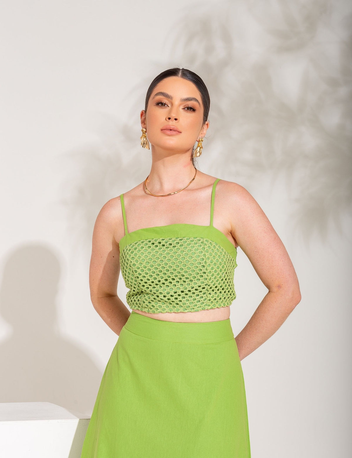 Conjunto Saia e Cropped com Tela Aurellie - Verde