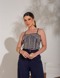Conjunto de Algodão com Calça e Cropped Bordado Tauane - Azul Marinho