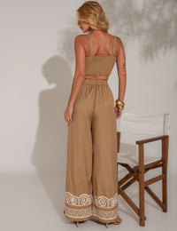 Conjunto de Calça e Cropped com Bordado Caroline - Caqui