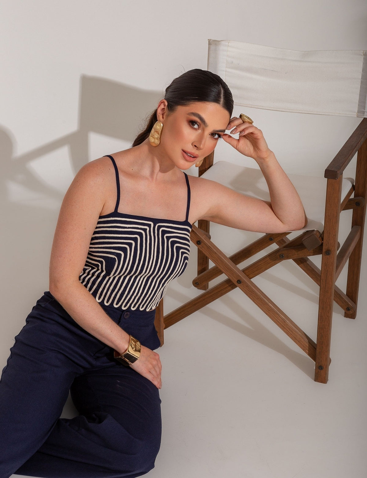 Conjunto de Algodão com Calça e Cropped Bordado Tauane - Azul Marinho