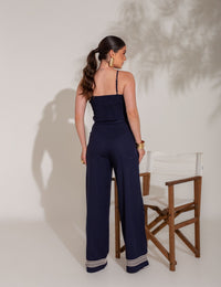 Conjunto de Algodão com Calça e Cropped Bordado Tauane - Azul Marinho