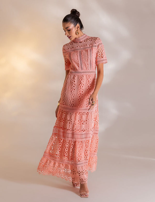 Vestido Longo de Guipir Amélia - Salmão