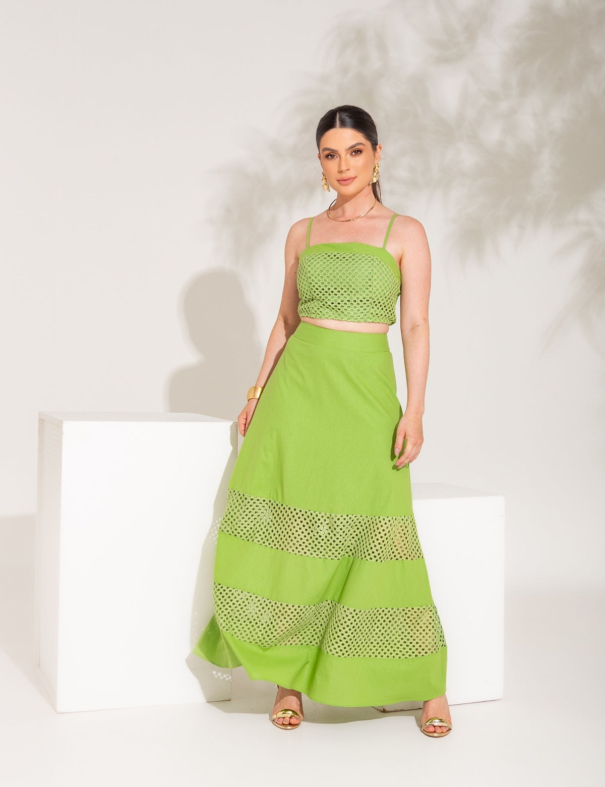 Conjunto Saia e Cropped com Tela Aurellie - Verde