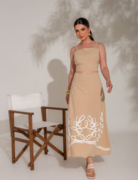 Conjunto de Algodão com Saia Bordada Dominique - Bege