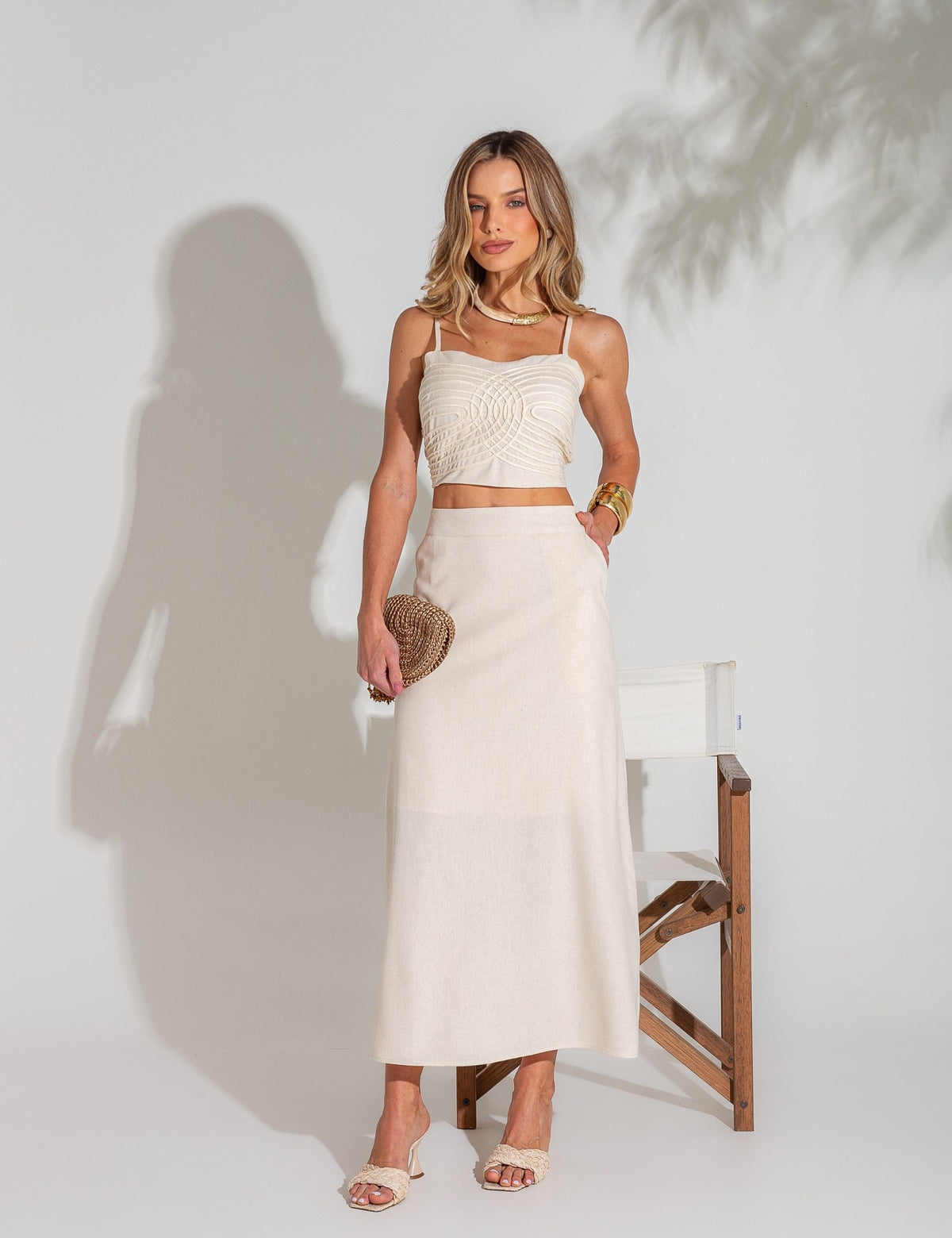 Conjunto de Algodão com Cropped Bordado Filipa - Cru