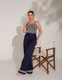 Conjunto de Algodão com Calça e Cropped Bordado Tauane - Azul Marinho