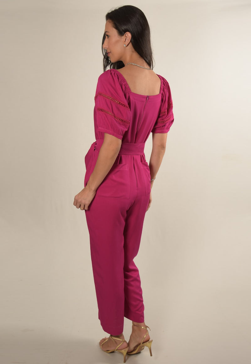 Macacão Mamorena Longo  com Manga Curta em Viscose Sarjada com Faixa