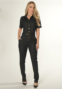 Macacão Mamorena Longo Manga Curta em Linho com Elastano e Botões Mesclado