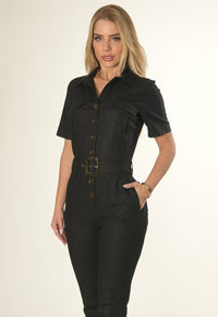 Macacão Mamorena Longo Manga Curta em Linho com Elastano e Botões Mesclado