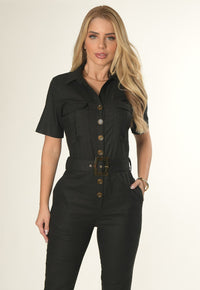 Macacão Mamorena Longo Manga Curta em Linho com Elastano e Botões Mesclado