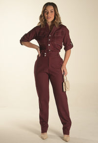 Macacão Mamorena Manga Curta em Linho com Elastano e com Pesponto