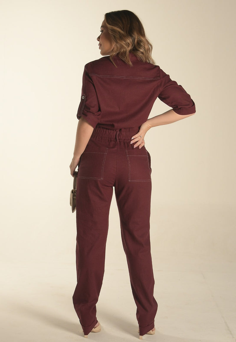 Macacão Mamorena Manga Curta em Linho com Elastano e com Pesponto