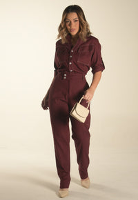 Macacão Mamorena Manga Curta em Linho com Elastano e com Pesponto