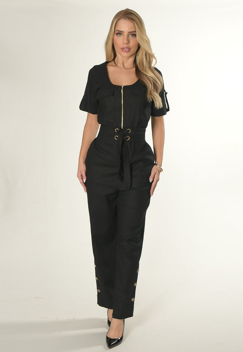 Macacão Mamorena em Linho com Elastano Manga Curta com Detalhe em Zíper