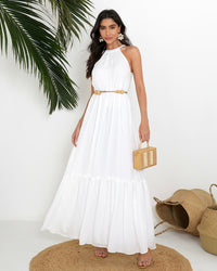 Vestido Miss Misses Longo Chiffon Gola Alta - Off White