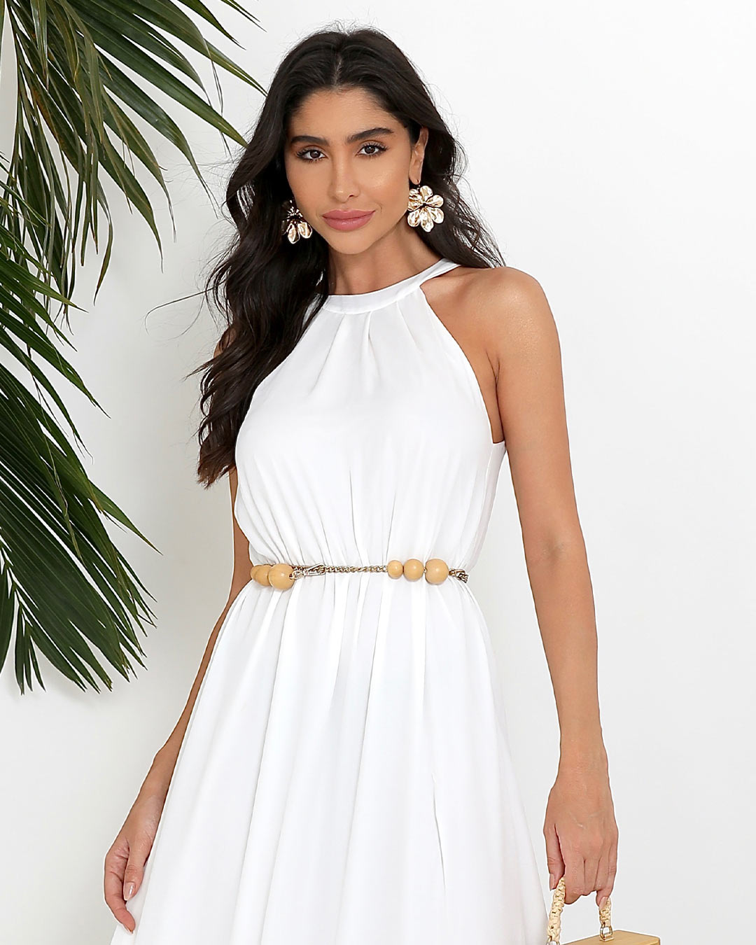 Vestido Miss Misses Longo Chiffon Gola Alta - Off White