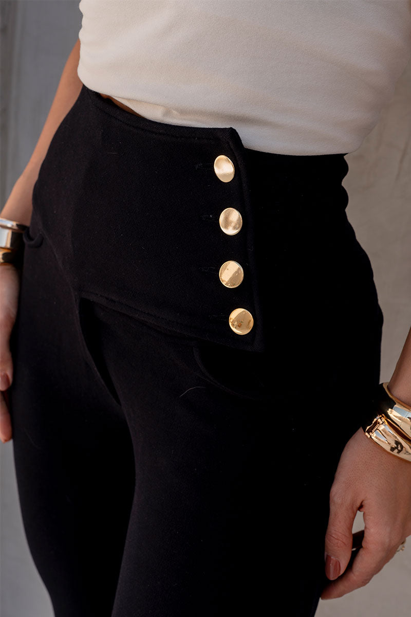 Calça Miss Misses Leg Com Cós Largo e Botão - Preto