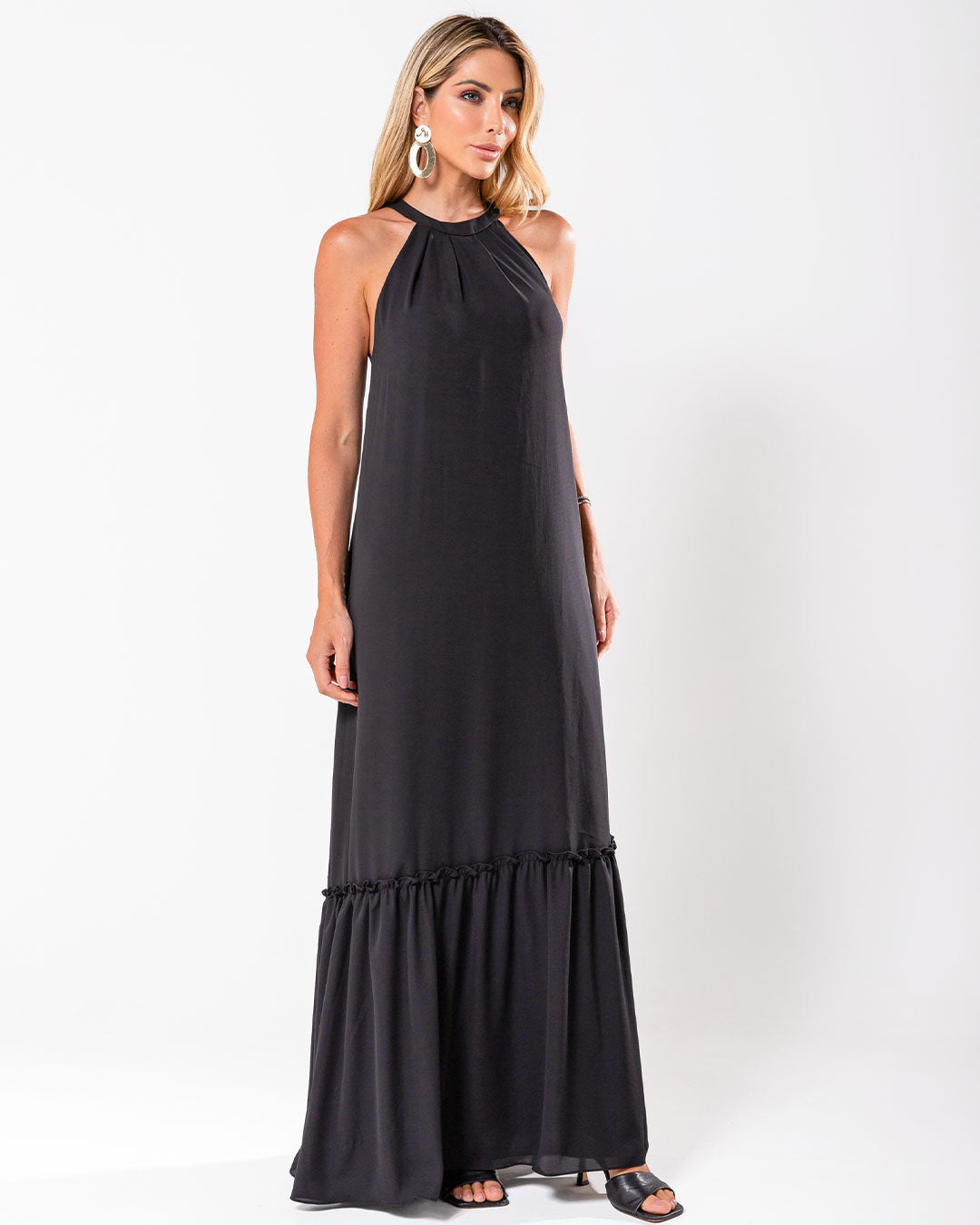 Vestido Miss Misses Longo Chiffon Gola Alta - Preto