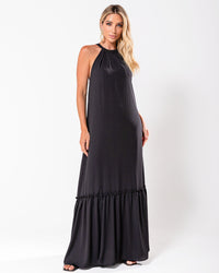 Vestido Miss Misses Longo Chiffon Gola Alta - Preto