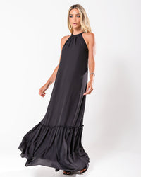 Vestido Miss Misses Longo Chiffon Gola Alta - Preto