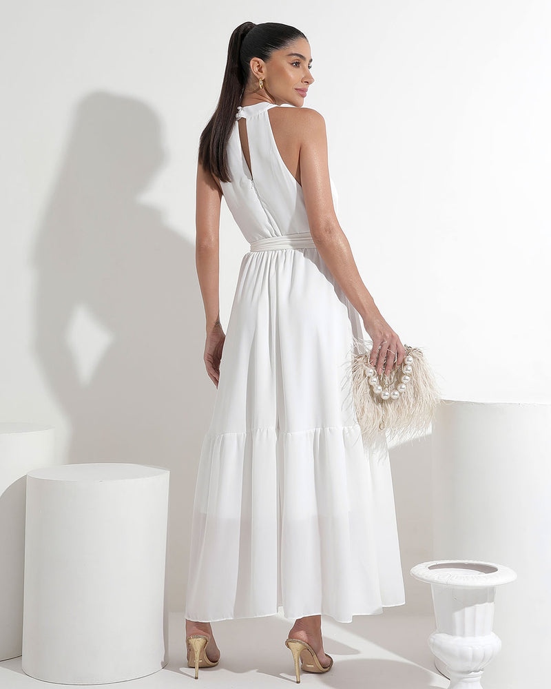 Vestido Miss Misses Midi Liso Chiffon - Off White