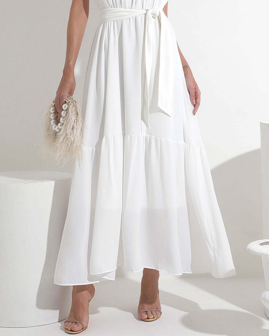 Vestido Miss Misses Midi Liso Chiffon - Off White