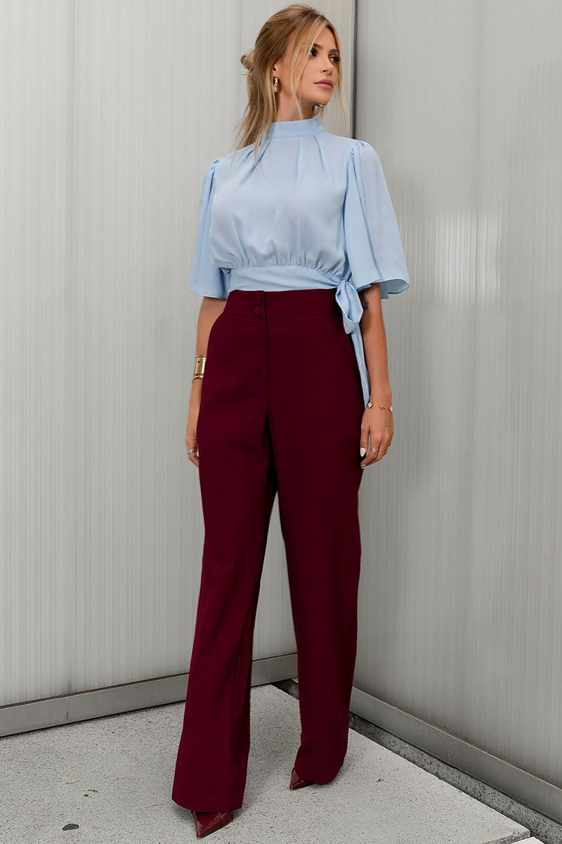 Blusa Miss Misses Chiffon Manga Godê Amarração - Azul