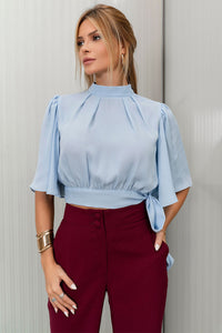 Blusa Miss Misses Chiffon Manga Godê Amarração - Azul