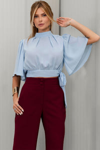 Blusa Miss Misses Chiffon Manga Godê Amarração - Azul