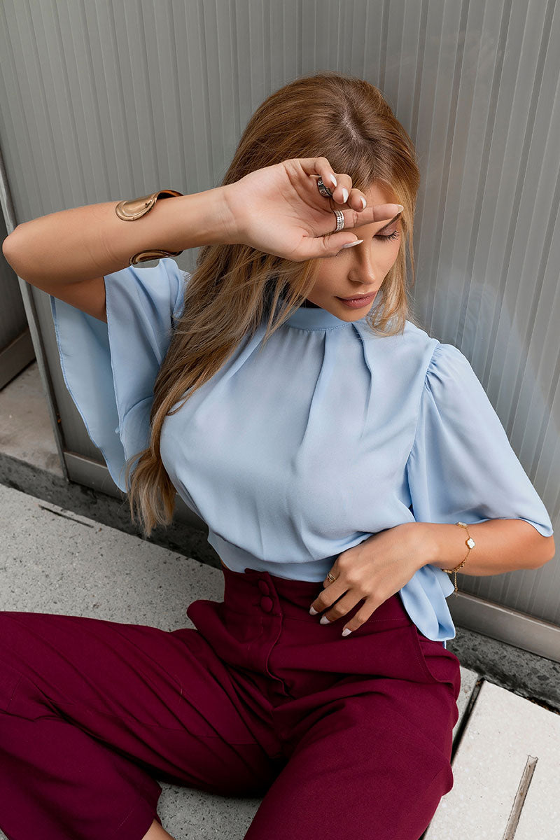 Blusa Miss Misses Chiffon Manga Godê Amarração - Azul