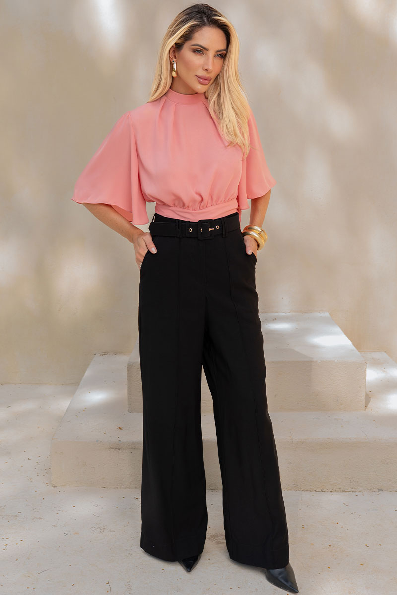 Blusa Miss Misses Chiffon Manga Godê Amarração - Rose