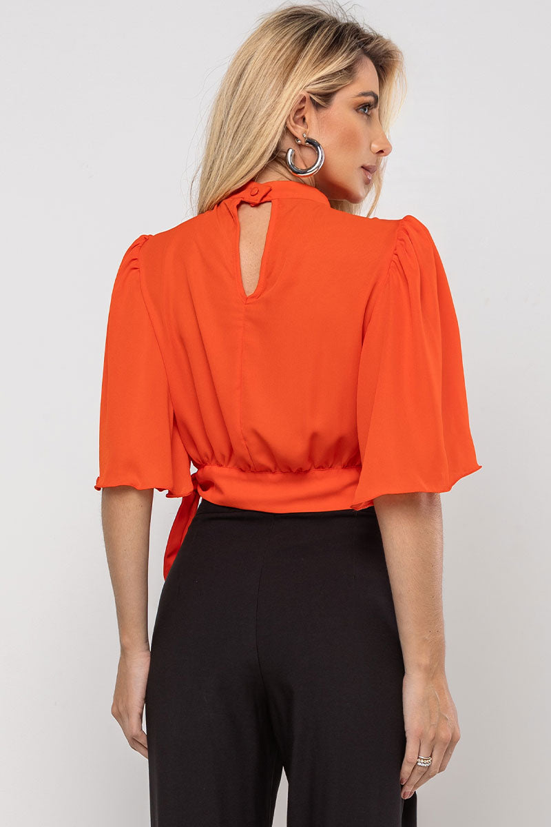 Blusa Miss Misses Chiffon Manga Godê Amarração - Laranja