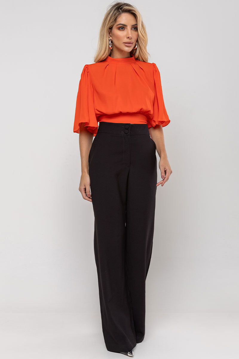 Blusa Miss Misses Chiffon Manga Godê Amarração - Laranja