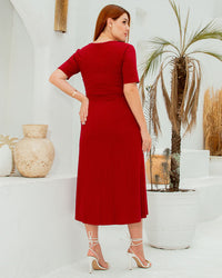 Vestido Miss Misses Midi Canelado Gola Quadrado Bordo