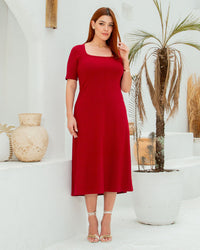 Vestido Miss Misses Midi Canelado Gola Quadrado Bordo