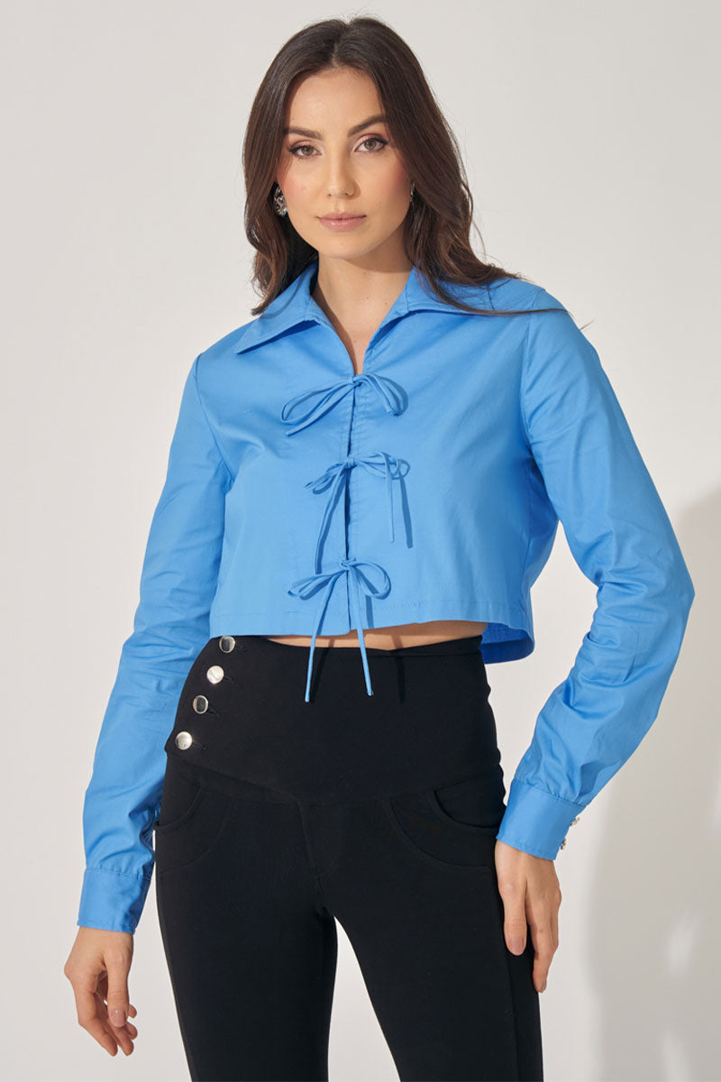 Camisa Olivia Manga Longa C/Amarração Frente - Azul