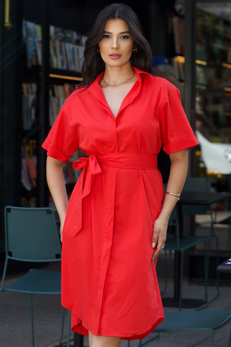 Chemise Manga Curta Botões Com Faixa - Vermelho