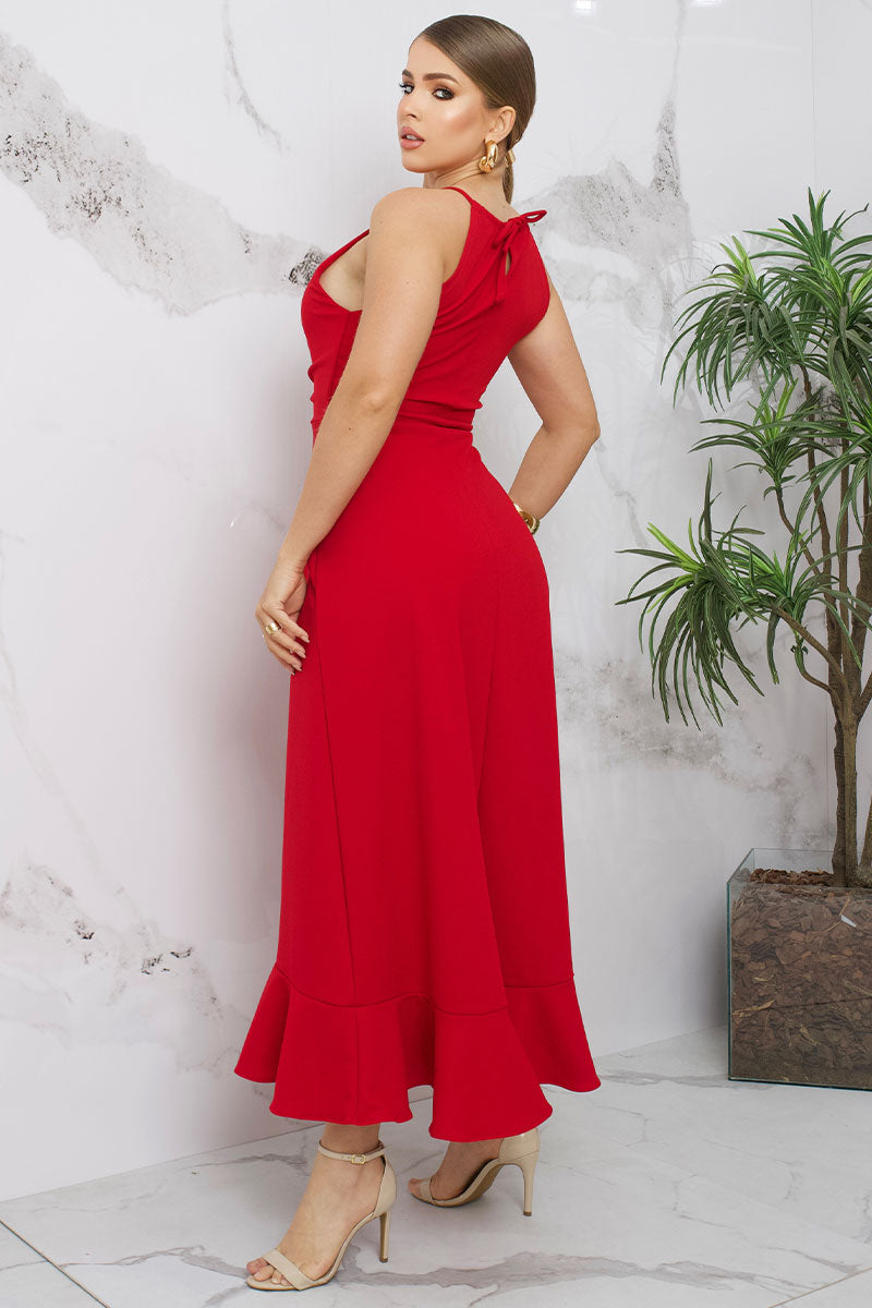 Vestido Cristina Longo Franzido No Busto Com Babado Na Barra - Vermelho