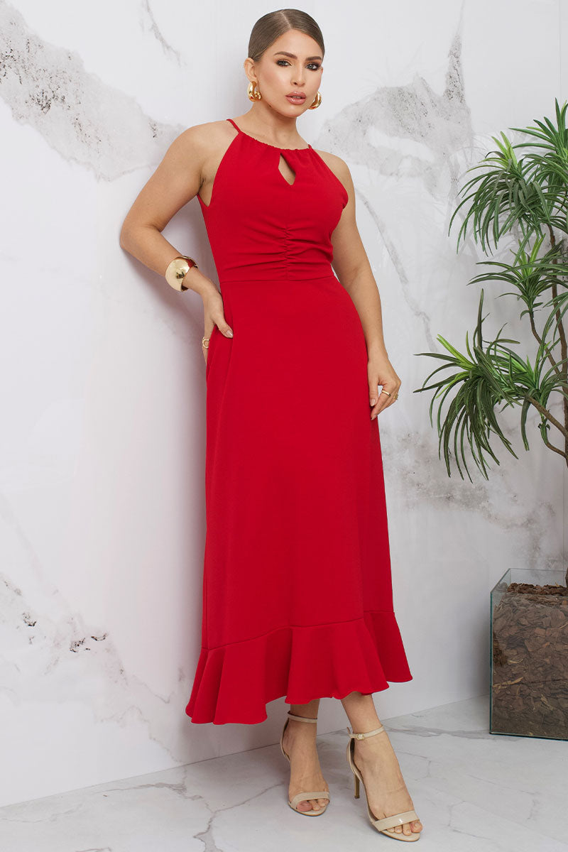 Vestido Cristina Longo Franzido No Busto Com Babado Na Barra - Vermelho