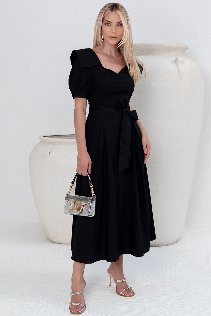 Vestido Midi Karen Com Gola e Faixa - Preto