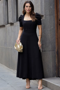 Vestido Midi Bruna Manga Bufante com Barbatana - Preto