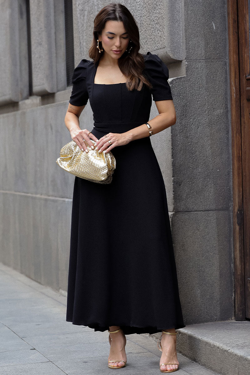 Vestido Midi Bruna Manga Bufante com Barbatana - Preto