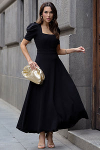 Vestido Midi Bruna Manga Bufante com Barbatana - Preto