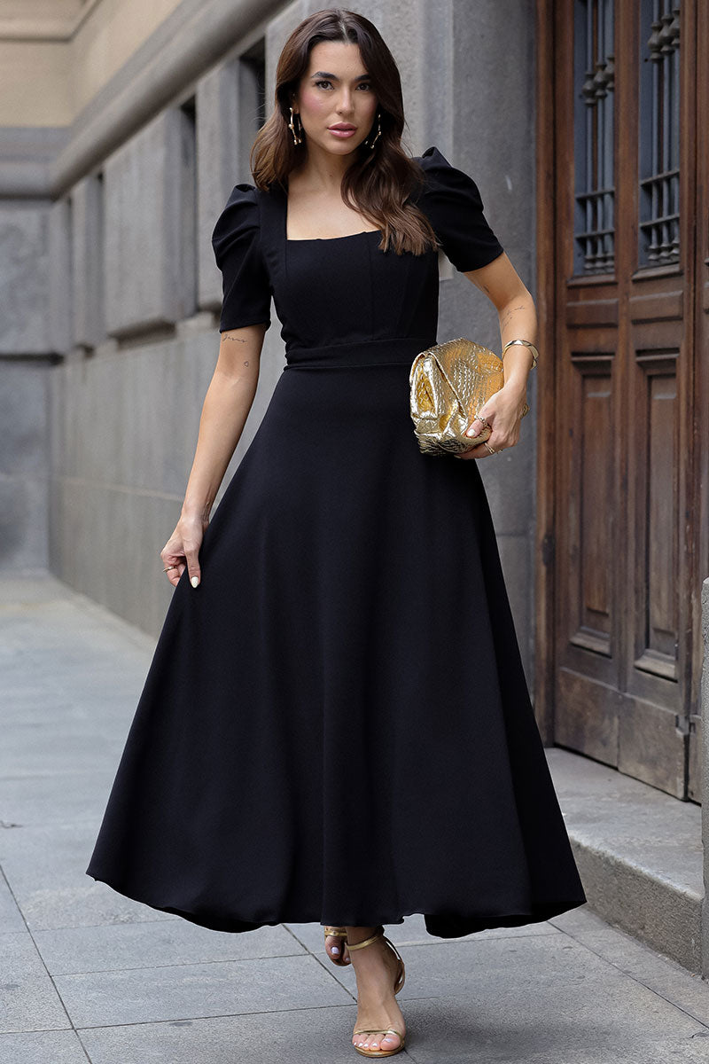 Vestido Midi Bruna Manga Bufante com Barbatana - Preto