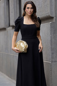 Vestido Midi Bruna Manga Bufante com Barbatana - Preto