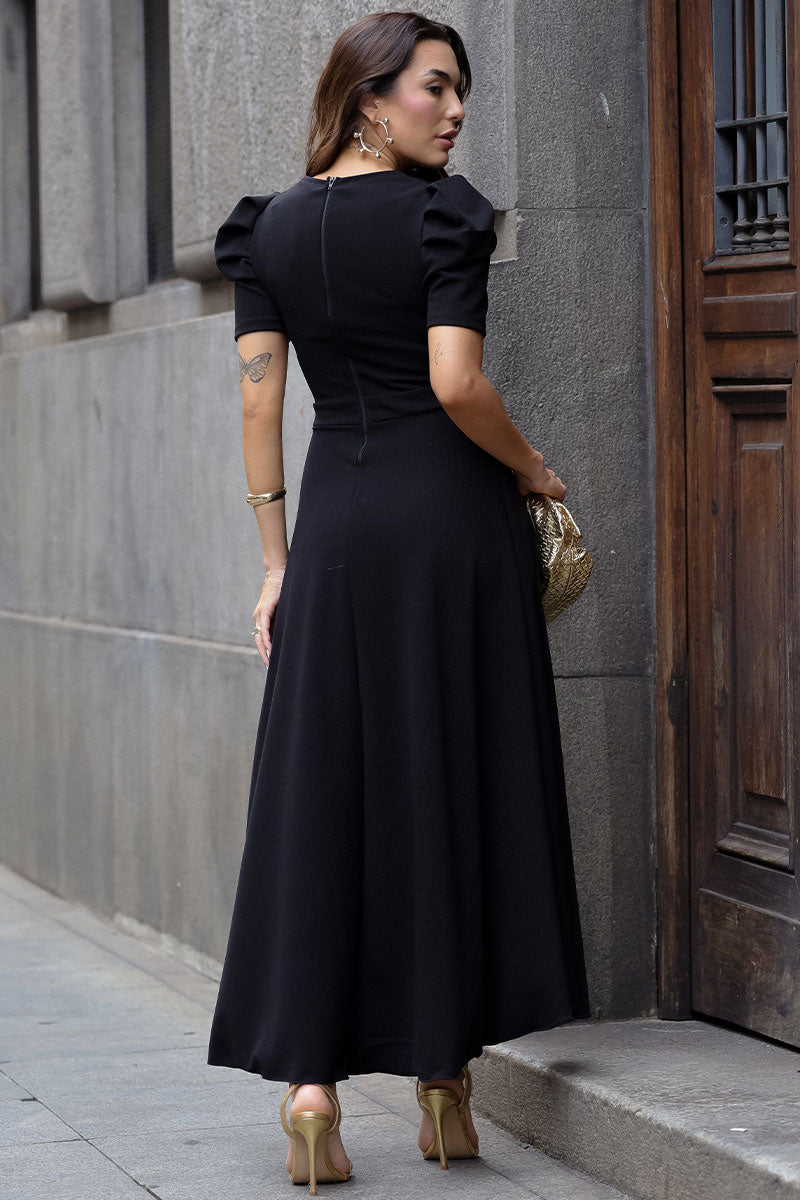 Vestido Midi Bruna Manga Bufante com Barbatana - Preto