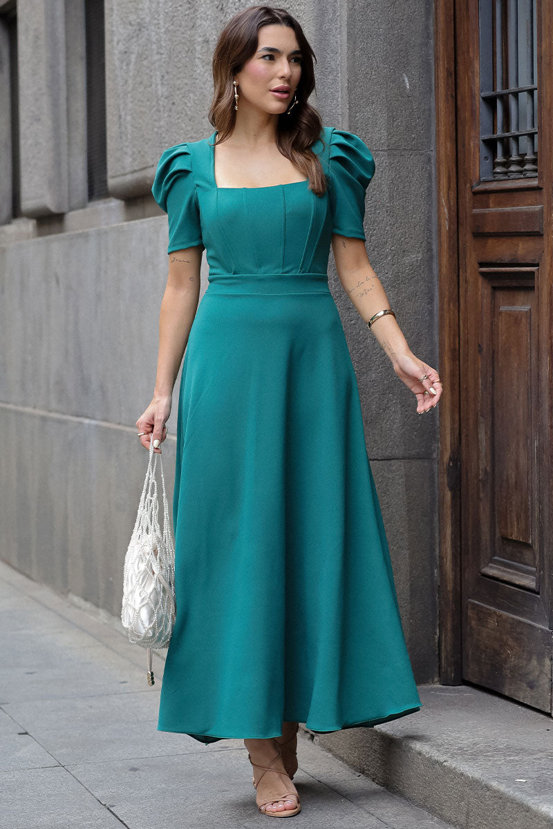Vestido Midi Bruna Manga Bufante com Barbatana - Verde