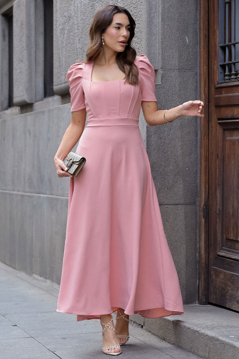 Vestido Midi Bruna Manga Bufante com Barbatana - Rosê