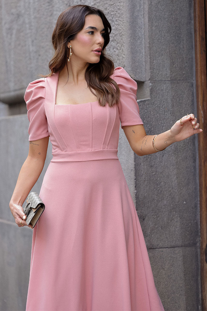 Vestido Midi Bruna Manga Bufante com Barbatana - Rosê