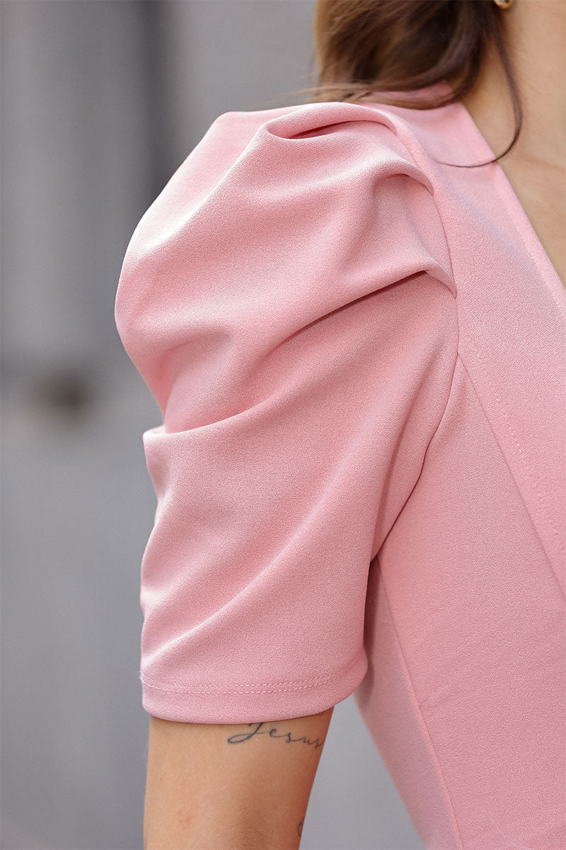 Vestido Midi Bruna Manga Bufante com Barbatana - Rosê